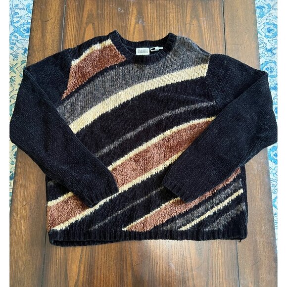 Classic Elements Sweaters - Vintage 90's Classic Elements Striped Chenille Sweater Black Neutral Medium